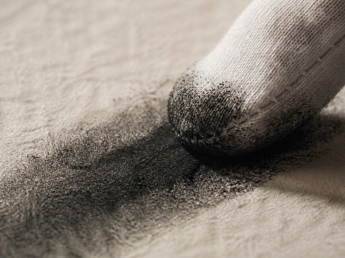 Charcoal, dragged and smudged by fingertip.